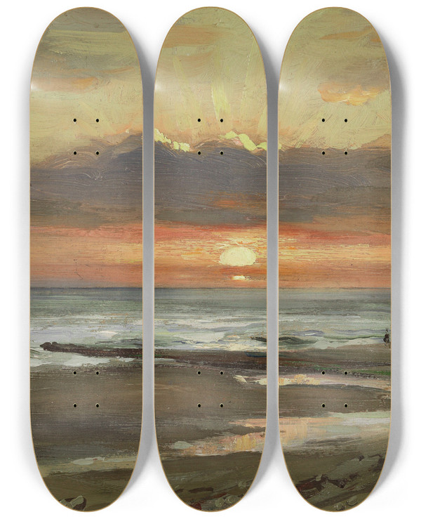 Triptych art skateboard deck of Carl Wuttke Sonnenuntergang Auf Borkum by Carl Wuttke (1849-1927)