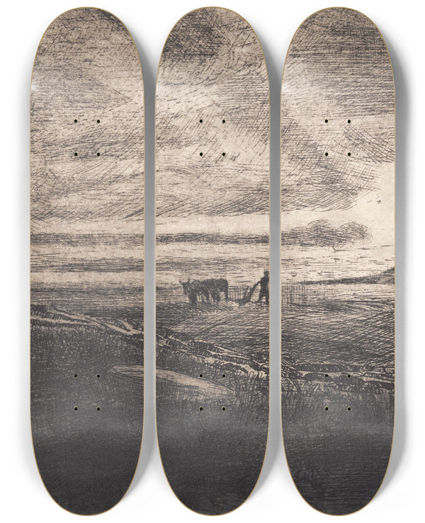 Triptych art skateboard deck of Hans Nikolaj Hansen Bonden Gaar Paa Marken Ud by Hans Nikolaj Hansen (1853-1923)