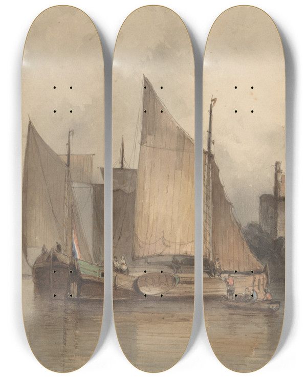 Triptych art skateboard deck of Antonie Waldorp Riviergezicht Met Een Zeilschip by Antonie Waldorp (1803-1866)