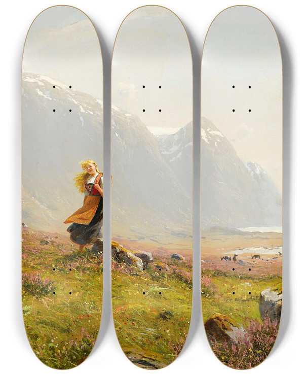 Triptych art skateboard deck of Hans Dahl Young Girl On A Summer Alpine Stroll by Hans Dahl (1849-1937)
