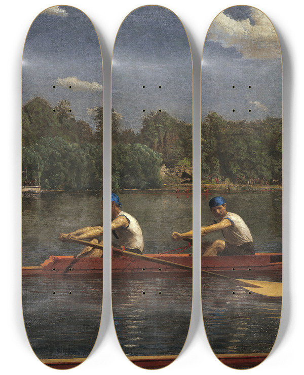 Triptych art skateboard deck of Thomas Eakins The Biglin Brothers Racing by Thomas Eakins (1844-1916)