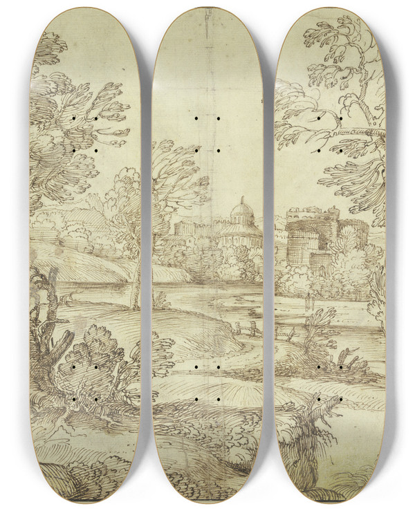 Triptych art skateboard deck of Giovanni Francesco Grimaldi Landschaft Mit Wasser Baumgruppen Und Gebuden by Giovanni Francesco Grimaldi (1606-1680)
