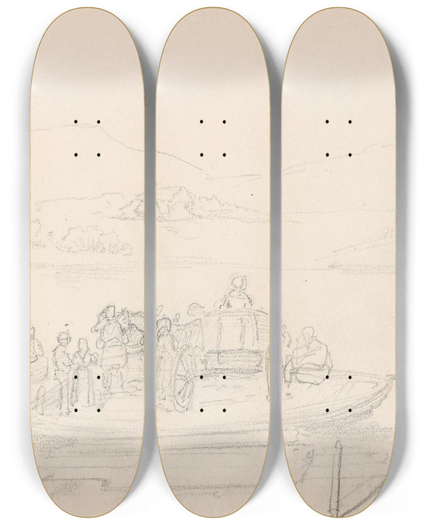 Triptych art skateboard deck of Adolph Tidemand Bt Med Hest Vogn Og Figurer Vormsund by Adolph Tidemand (1814-1876)