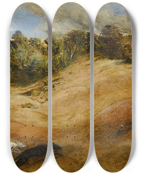 Triptych art skateboard deck of James Smetham The Chase by James Smetham (1821-1889)
