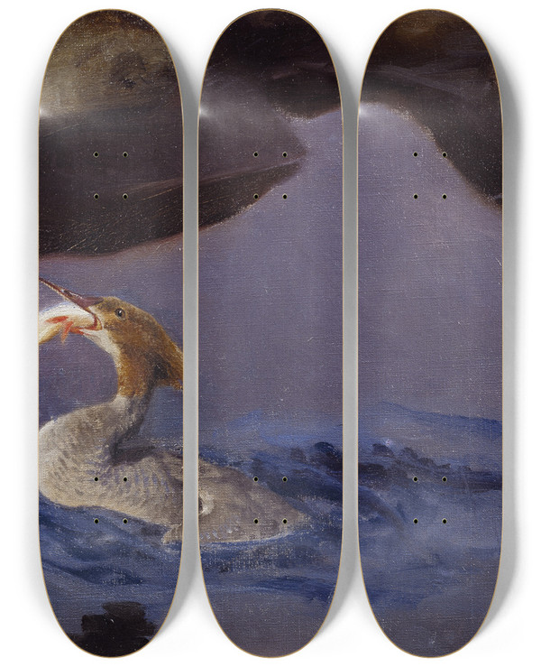 Triptych art skateboard deck of Bruno Liljefors Female Merganser by Bruno Liljefors (1860-1939)