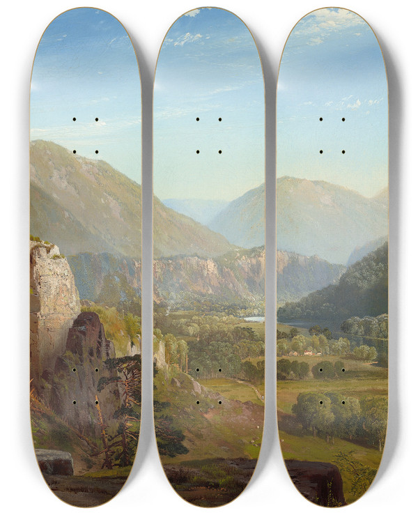 Triptych art skateboard deck of Thomas Moran The Juniataevening by Thomas Moran (1837-1926)