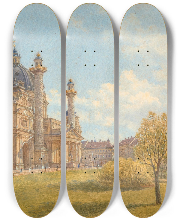 Triptych art skateboard deck of Franz Alt A View Of Saint Charless Church With Strollers by Franz Alt (1821-1914)