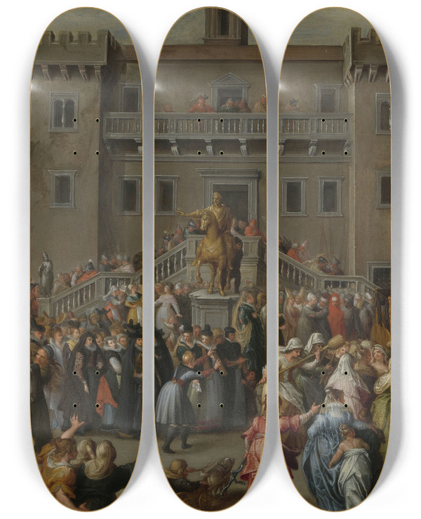 Triptych art skateboard deck of Pieter Isaacsz The Women Of Rome Gathering At The Capitol by Pieter Isaacsz (1569-1625)