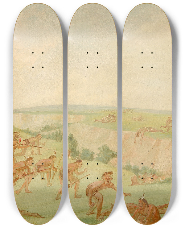 Triptych art skateboard deck of George Catlin Mandan Attacking A Party Of Arikara by George Catlin (1796-1872)