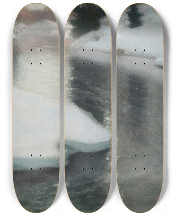 Triptych art skateboard deck of Frits Thaulow Spring Thaw by Frits Thaulow (1847-1906)
