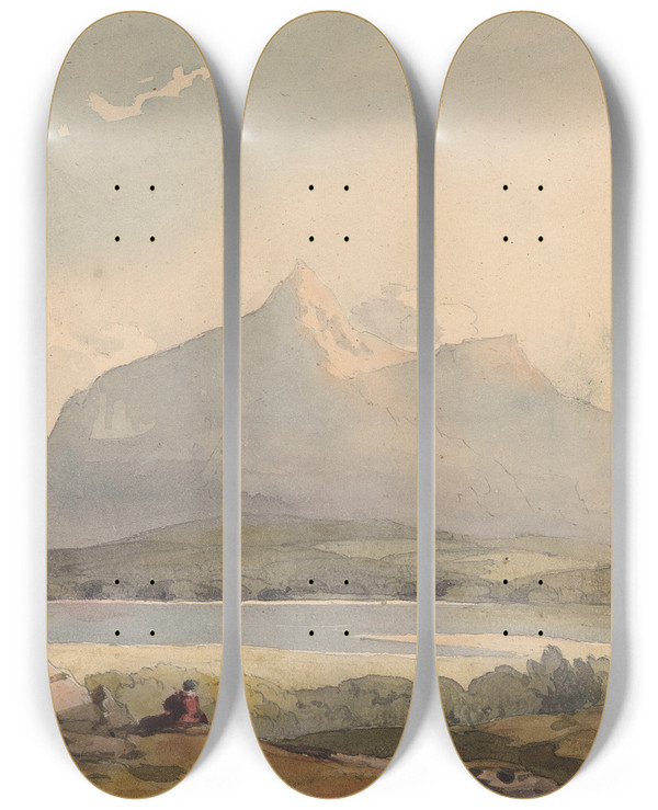Triptych art skateboard deck of Thomas Sully Mountainous Landscape With Lake And Figure In Foreground by Thomas Sully (1783-1872)