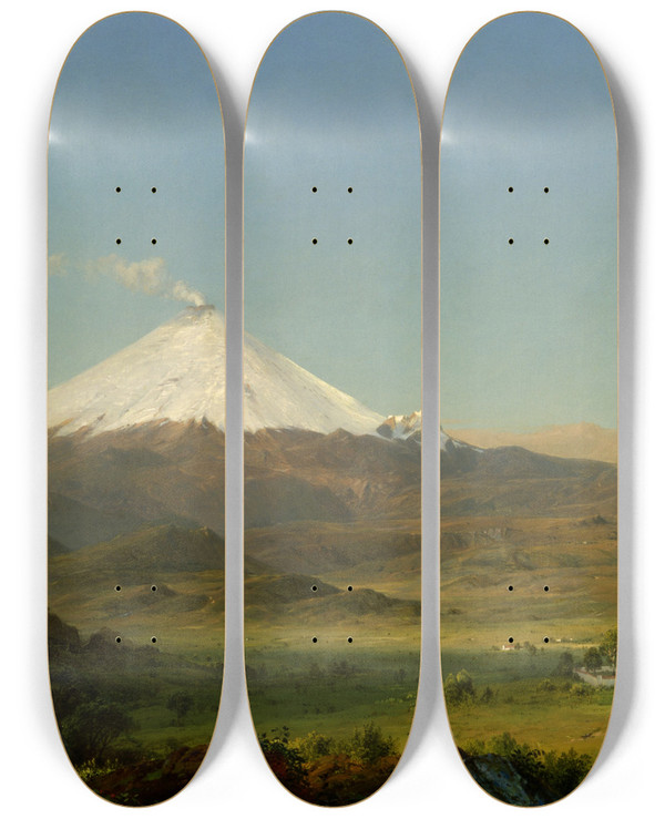 Triptych art skateboard deck of Frederic Edwin Church Cotopaxi_2 by Frederic Edwin Church (1826-1900)