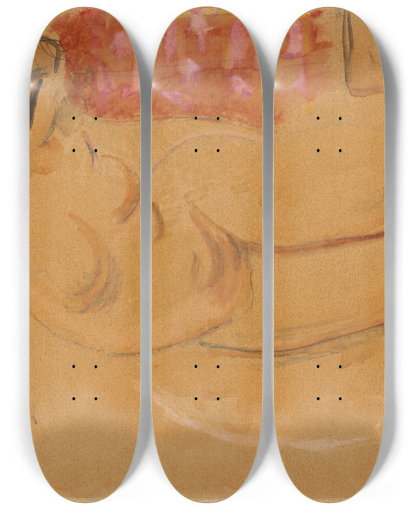 Triptych art skateboard deck of Cyprin Majernk Reclining Female Nude by Cyprian Majernik (1909-1945)