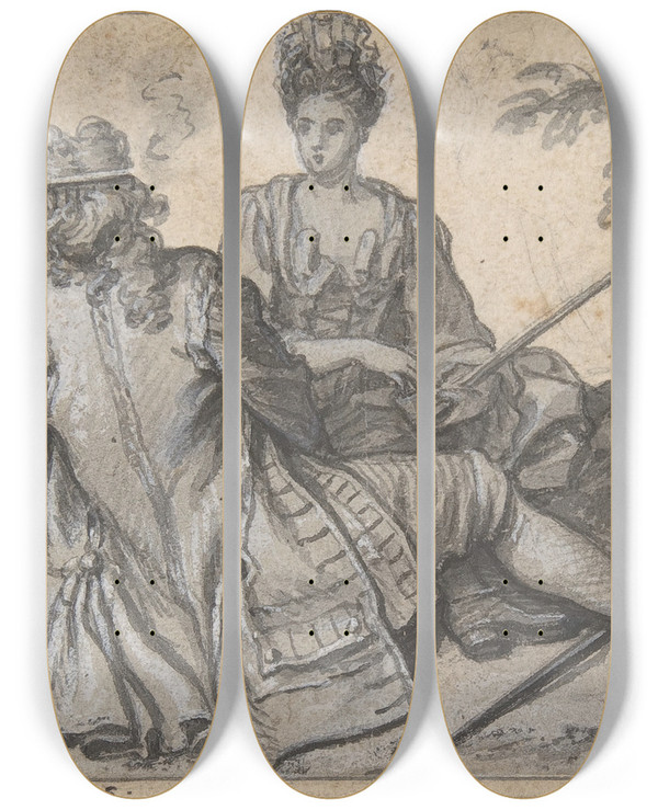 Triptych art skateboard deck of Claude Simpol Tte Tte by Claude Simpol (1666-1716)