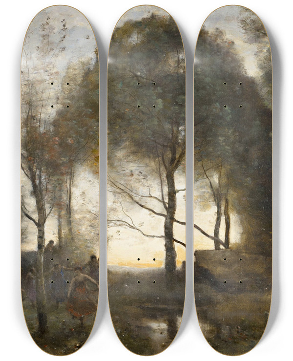 Triptych art skateboard deck of Jeanbaptistecamille Corot Nymphes Et Faunes Nymphs And Fauns by Jean-Baptiste-Camille Corot (1796-1875)