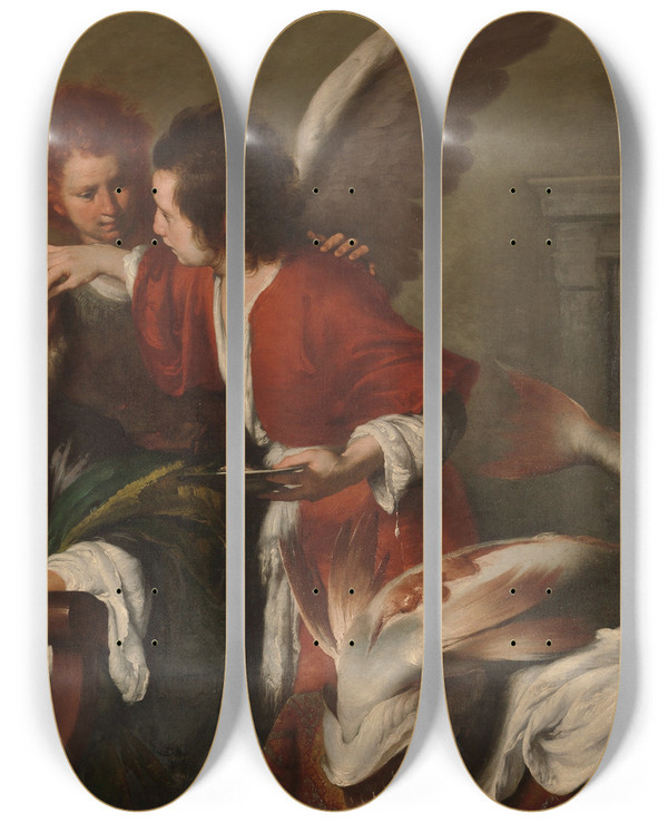 Triptych art skateboard deck of Bernardo Strozzi Tobias Curing His Fathers Blindness by Bernardo Strozzi (1581-1644)