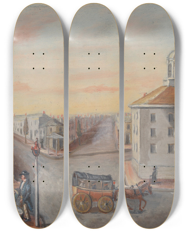 Triptych art skateboard deck of William P Chappel Hot Corn Seller by William P Chappel (1801-1878)