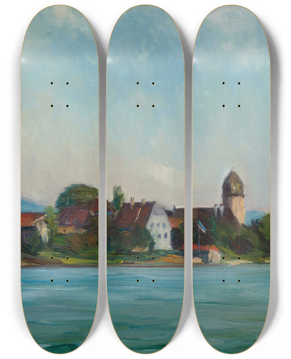 Triptych art skateboard deck of Hiasl Maiererding Fraueninsel by Hiasl Maier-Erding (1894-1933)