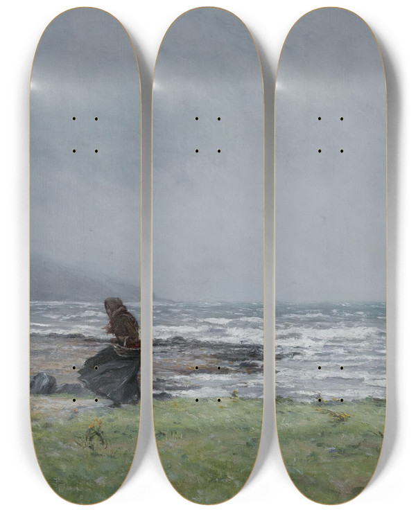 Triptych art skateboard deck of Joseph Henderson A Windswept Beach by Joseph Henderson (1832-1908)