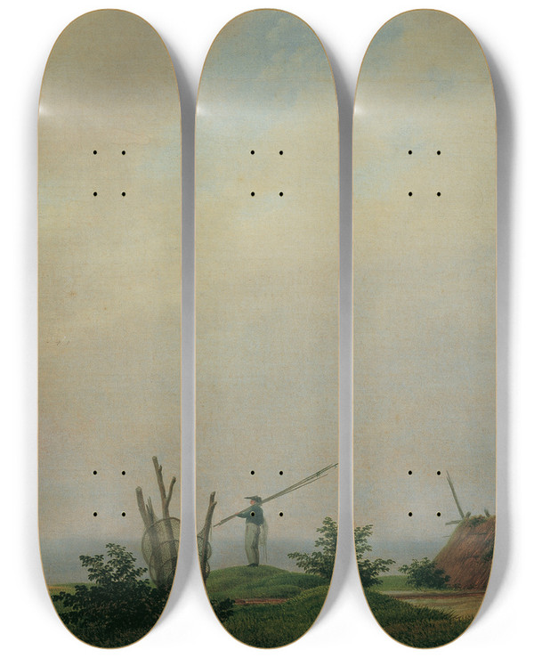 Triptych art skateboard deck of Caspar David Friedrich Meeresstrand Mit Fischer by Caspar David Friedrich (1774-1840)