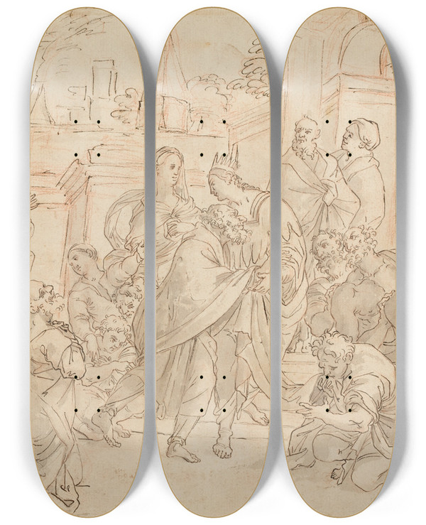 Triptych art skateboard deck of Italian 17Th Century Joseph And His Brother In Egypt Verso by Italian 17th Century
