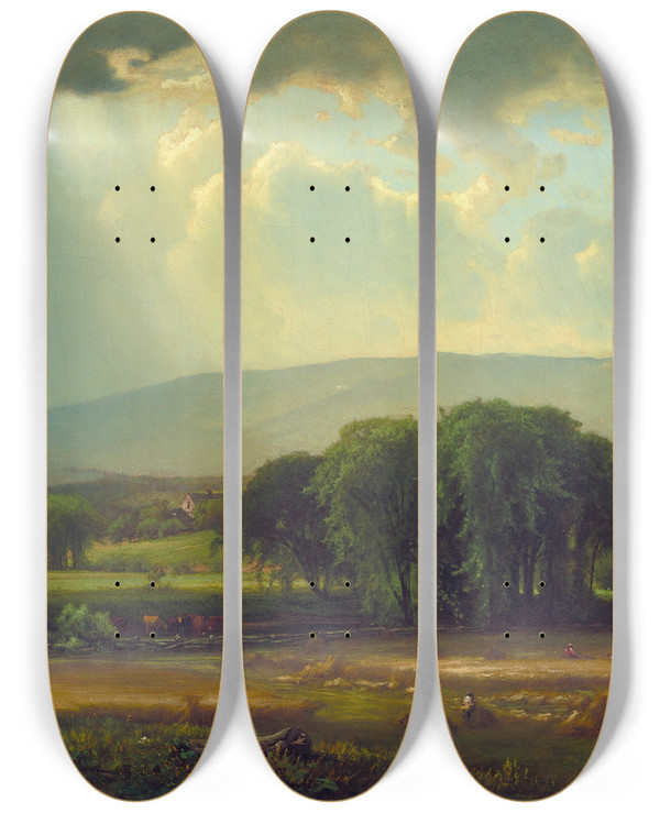 Triptych art skateboard deck of George Inness Harvest Scene In The Delaware Valley by George Inness (1825-1894)