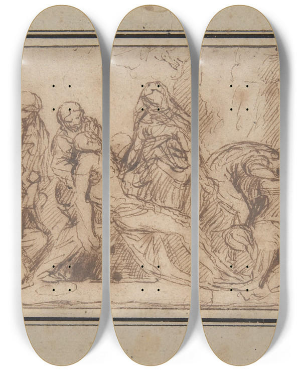 Triptych art skateboard deck of Nicolas Poussin The Entombment by Nicolas Poussin (1594-1665)