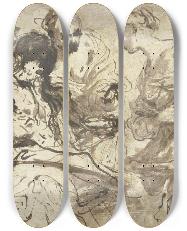 Triptych art skateboard deck of Antonio Gionima Lot And His Daughters by Antonio Gionima (1697-1732)