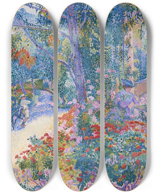 Triptych art skateboard deck of Henriedmond Cross Afternoon In The Garden by Henri-Edmond Cross (1856-1910)