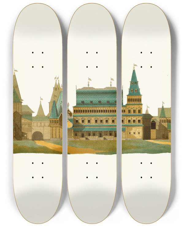Triptych art skateboard deck of Fedor Grigoryevich Solntsev Fasad Dvortsa V Sele Kolomenskom S Severnoi Storony by Fedor Grigoryevich Solntsev (1801-1892)