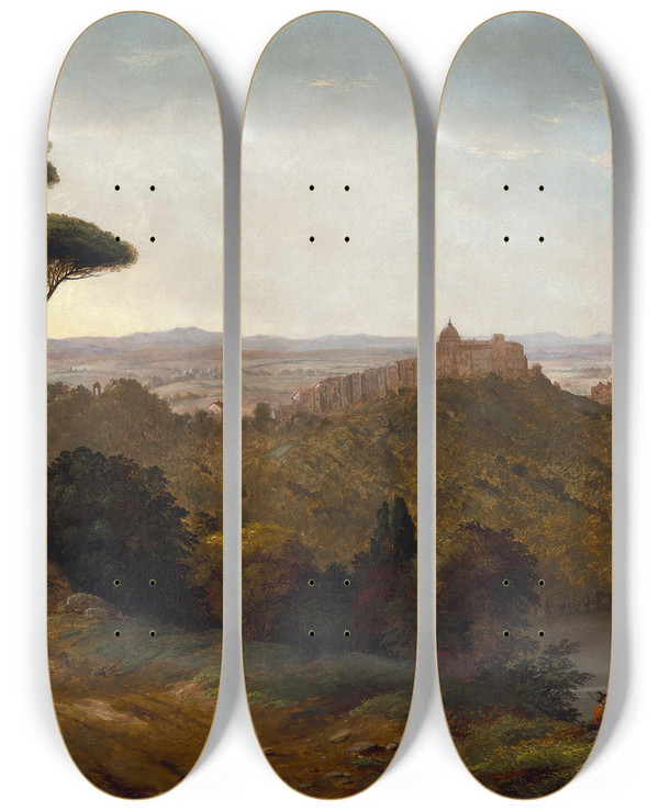 Triptych art skateboard deck of Christopher Pearse Cranch Castle Gondolfolake Albanoitaly by Christopher Pearse Cranch (1813-1892)