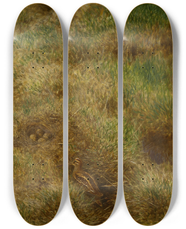 Triptych art skateboard deck of Bruno Liljefors Snipes Nest by Bruno Liljefors (1860-1939)