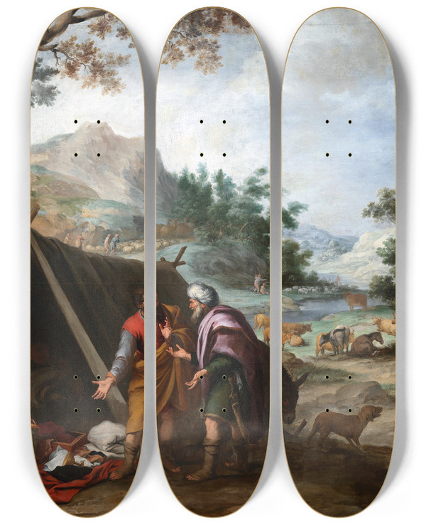 Triptych art skateboard deck of Bartolom Estebn Murillo Laban Searching For His Stolen Household Gods by Bartolome Esteban Murillo (1617-1682)