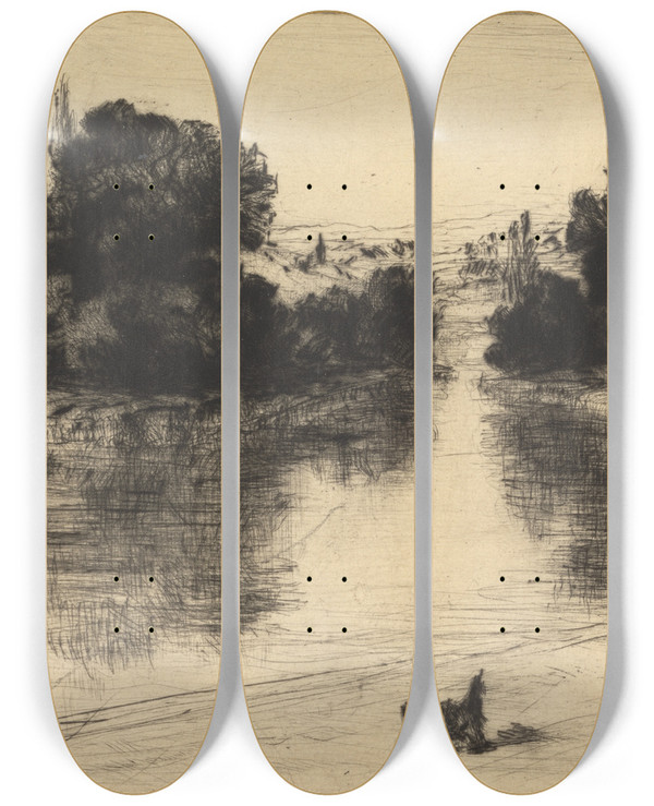 Triptych art skateboard deck of Francis Seymour Haden The Towing Path Hampton Court by Francis Seymour Haden (1818-1910)