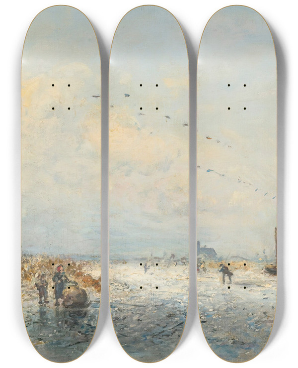 Triptych art skateboard deck of Johan Barthold Jongkind Scne Dhiver En Hollande by Johan Barthold Jongkind (1819-1891)
