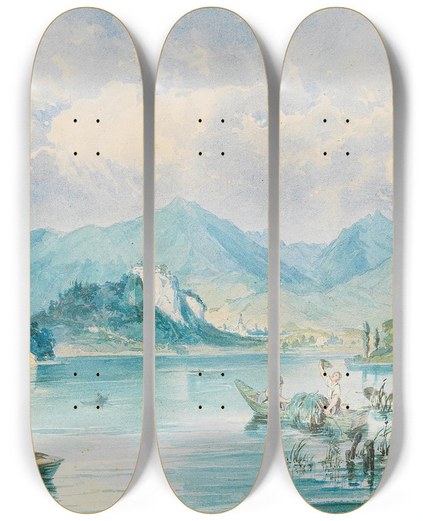 Triptych art skateboard deck of Ludwig Halauska A View Of Bled Island In Lake Bled In Slovenia by Ludwig Halauska (1827-1882)