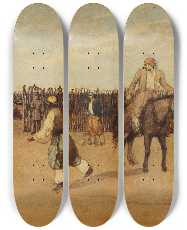 Triptych art skateboard deck of Prilidiano Pueyrredn En El Corral by Prilidiano Pueyrredon (1823-1870)