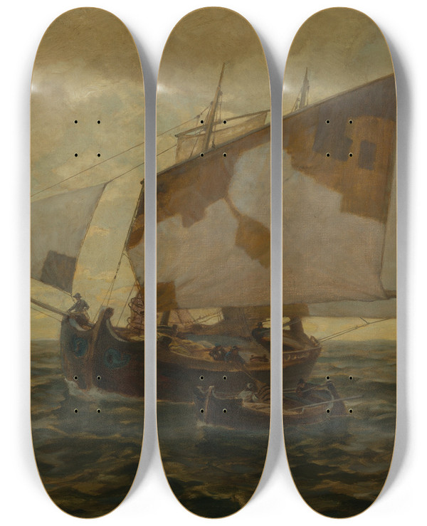 Triptych art skateboard deck of Ludwig Dill Trabaccolo by Ludwig Dill (1848-1940)
