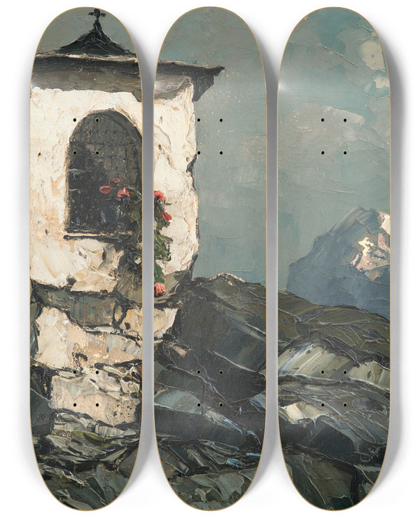 Triptych art skateboard deck of Oskar Mulley Materl Im Hochgebirge by Oskar Mulley (1891-1949)