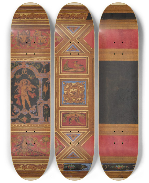Triptych art skateboard deck of Julesedmondcharles Lachaise Design For A Ceiling Painted With Grotesque Motifs by Jules-Edmond-Charles Lachaise (1897)