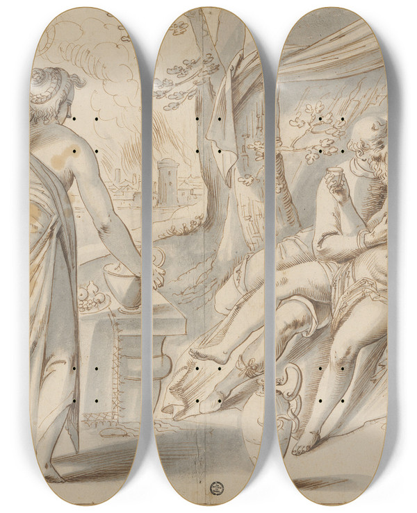 Triptych art skateboard deck of Niklaus Bock Lot Und Seine Tchter by Niklaus Bock (1580-1624)