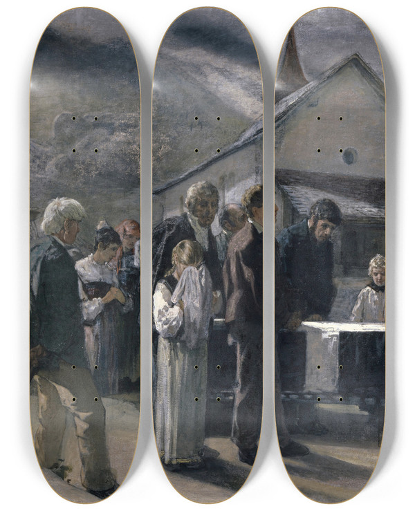 Triptych art skateboard deck of Ernst Stckelberg The Funeral After The Landslide Of Spiringen Uri 1887 by Ernst Stuckelberg (1831-1903)
