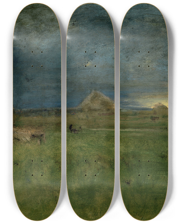 Triptych art skateboard deck of George Inness The Lonely Farm Nantucket by George Inness (1825-1894)
