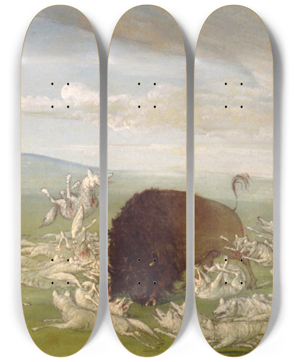 Triptych art skateboard deck of George Catlin White Wolves Attacking A Buffalo Bull by George Catlin (1796-1872)