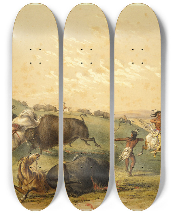 Triptych art skateboard deck of George Catlin Buffalo Hunt A Numerous Group by George Catlin (1796-1872)