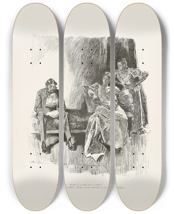 Triptych art skateboard deck of Charles Dana Gibson One Girl When Is A Joke Not A Joke by Charles Dana Gibson (1867-1944)