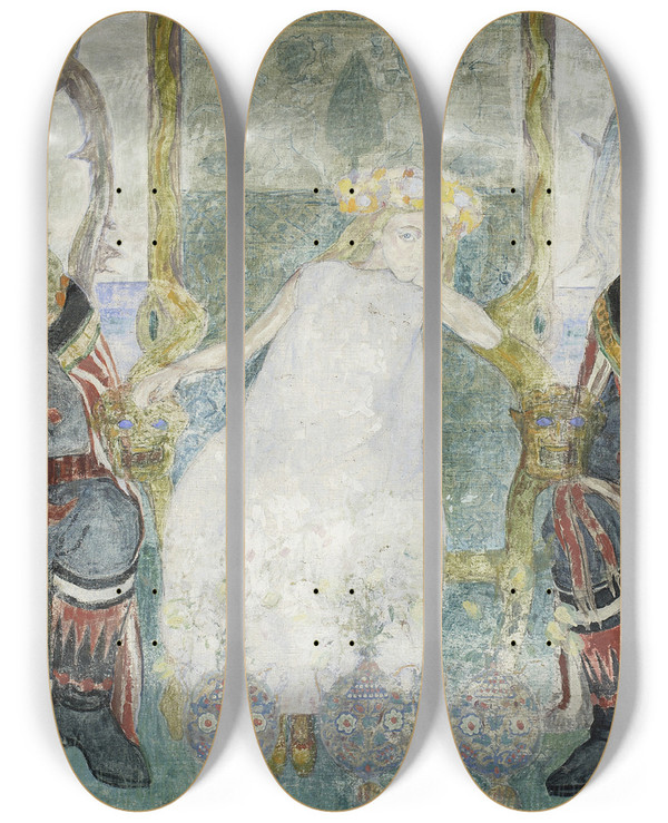 Triptych art skateboard deck of Jan Rembowski Enchanted Girl by Jan Rembowski (1879-1923)