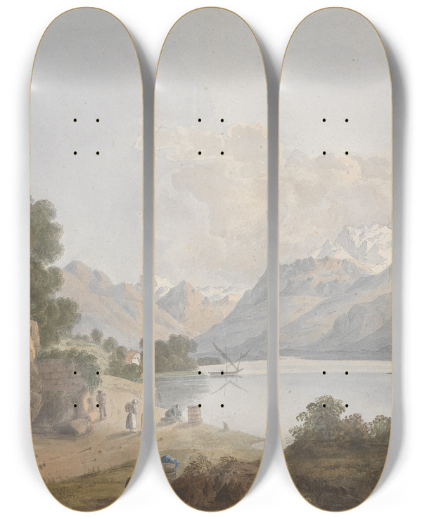 Triptych art skateboard deck of Isaac Weld Mountainous Landscape With Lake Gate And Figures by Isaac Weld (1774-1856)