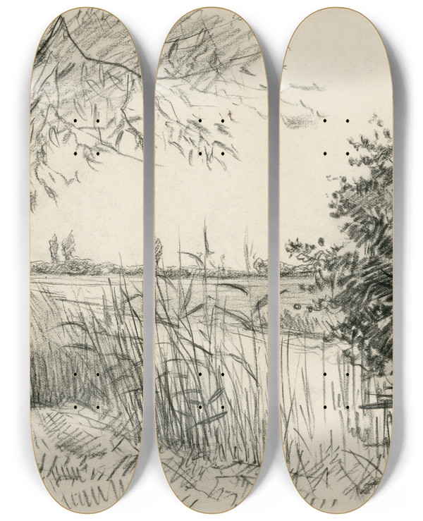 Triptych art skateboard deck of Frans Smissaert Gezicht Op Sloot En Weilanden Bij Leimuiden by Frans Smissaert (1862-1944)