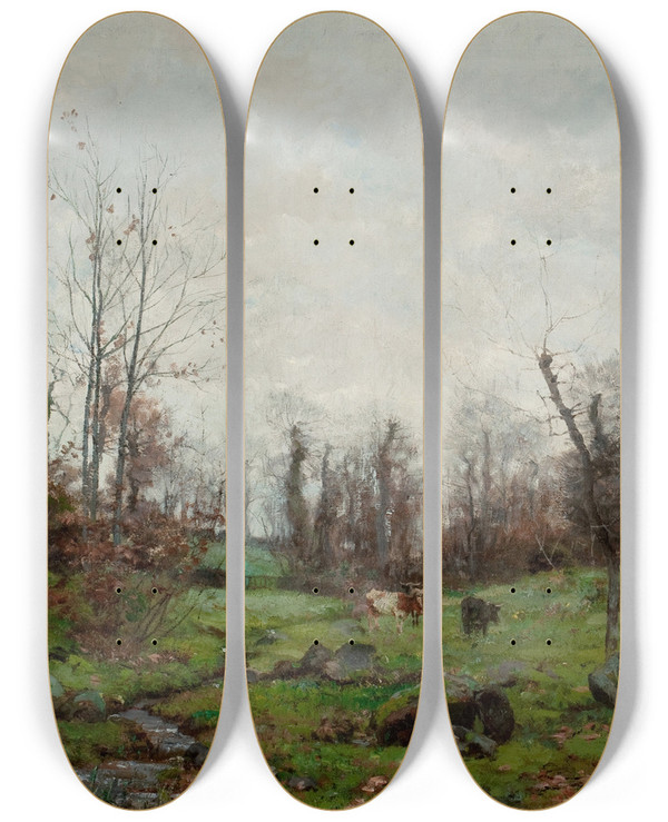 Triptych art skateboard deck of Frank C Penfold Cattle By A Stream Pont Aven Brittany by Frank C Penfold (1849-1921)